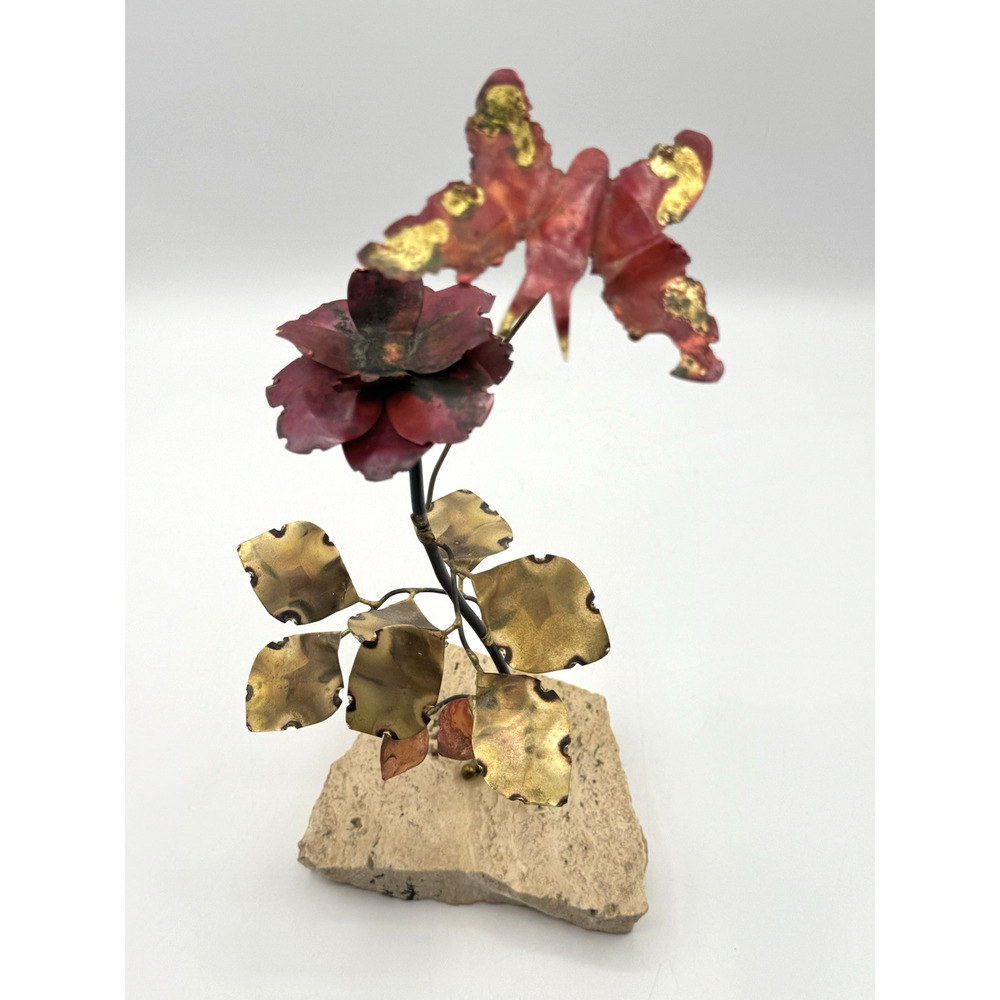 Vtg Metal Brutalist Sculpture Copper Brass Butterfly Floral Art MCM Stone Base